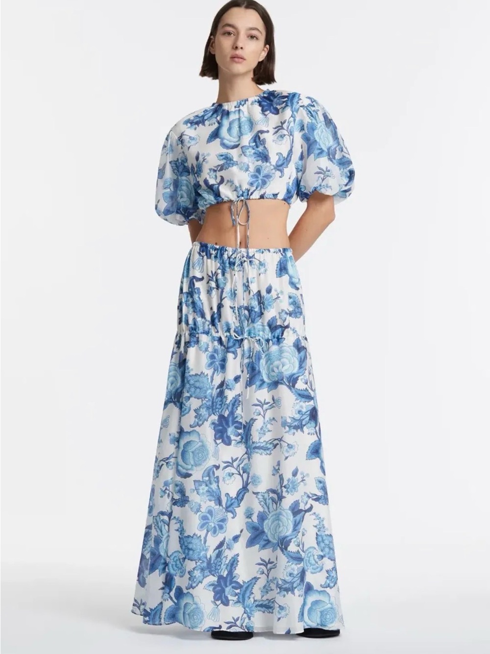 SIR the Label Amaris Blue and White Floral Two-Piece Puff-Sleeve Maxi Set